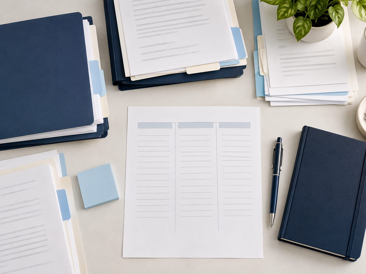Grouped case papers, folders and a blank inventory sheet viewed from above.