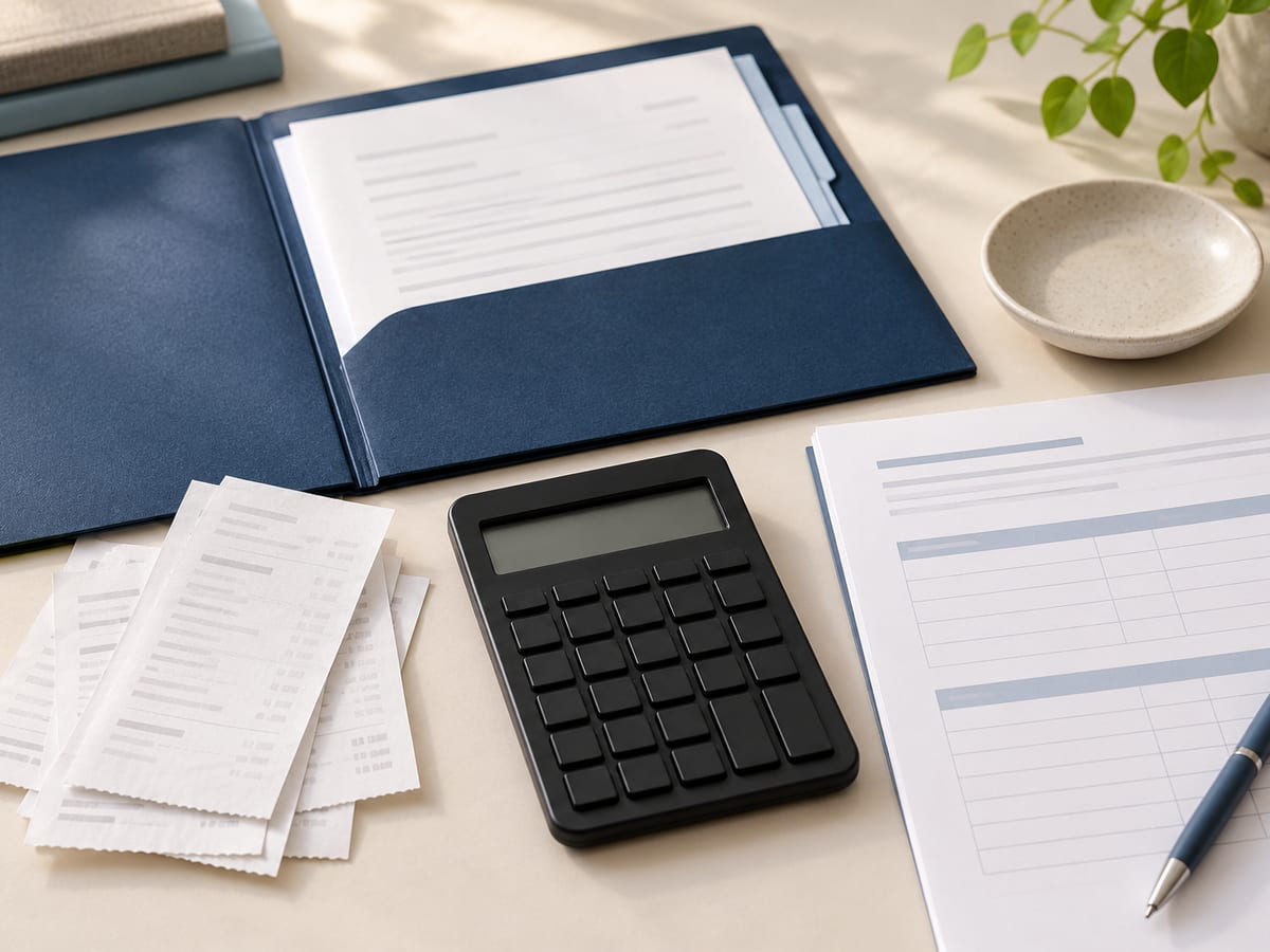 Receipts, a blank cost worksheet and a calculator beside a navy document folder.