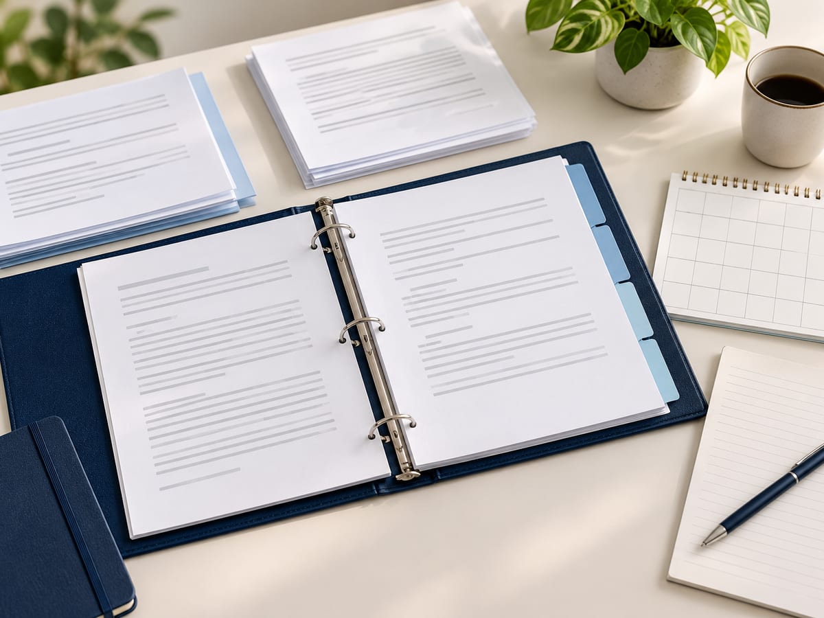 A tabbed hearing binder, grouped papers, a blank calendar and notes on a desk.