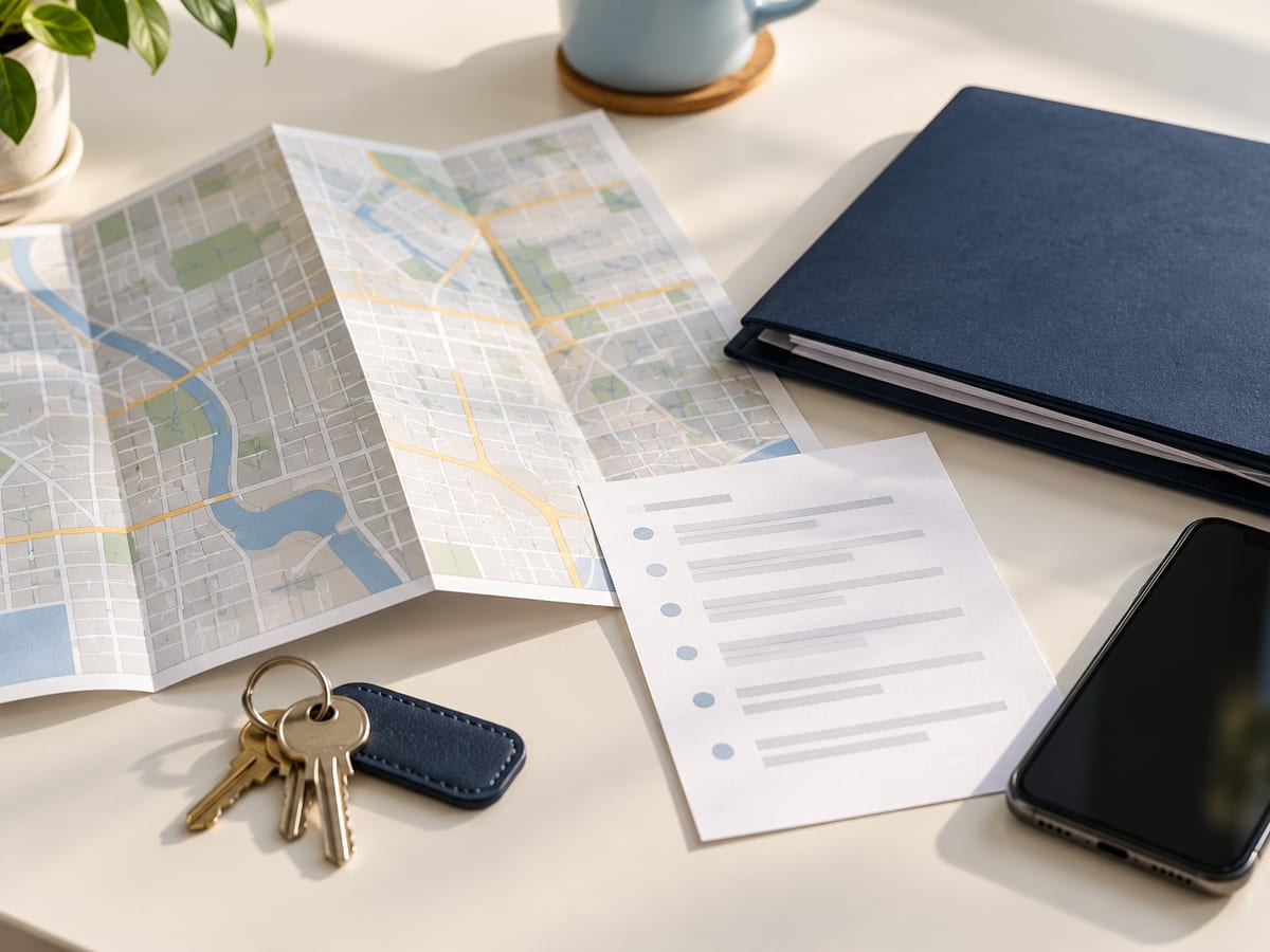 A folded map, document folder, phone and keys arranged to prepare for local court help.