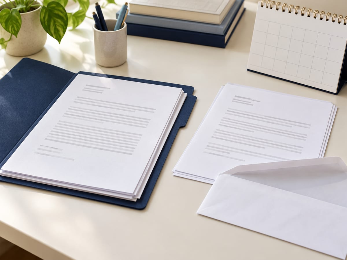 Received papers in a navy folder, working copies, a blank calendar and an outgoing envelope.