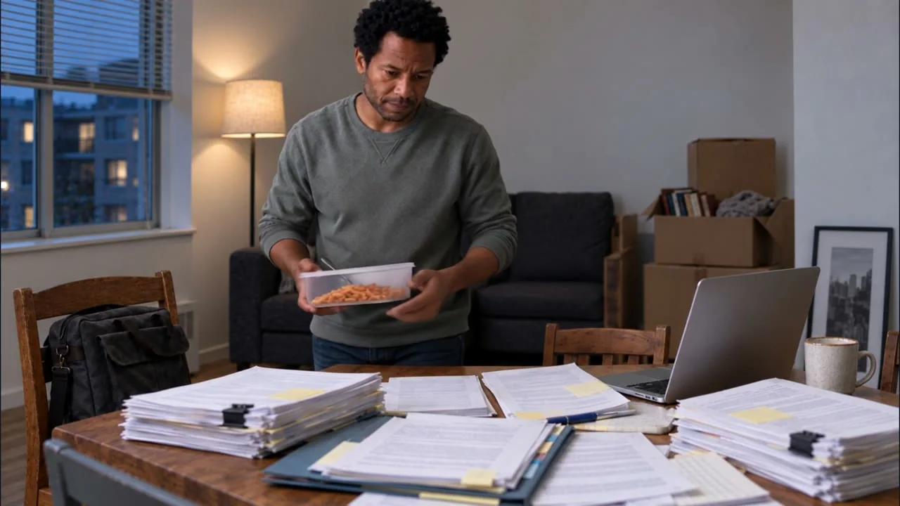 A father returns to his case papers at the end of the workday.